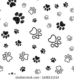 Dog paw doodles seamless pattern. Doggie love background. Puppy cute footprints.