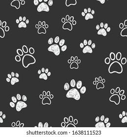 Dog paw doodles seamless pattern. Doggie love background. Puppy cute footprints.