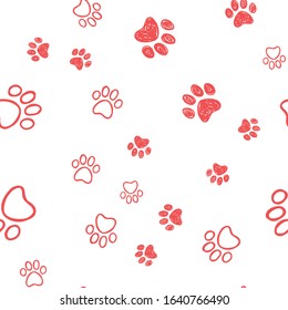Dog paw doodles seamless pattern. Doggie love background. Puppy cute footprints.