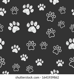Dog paw doodles seamless pattern. Doggie love background. Puppy cute footprints.