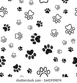 Dog paw doodles seamless pattern. Doggie love background. Puppy cute footprints.