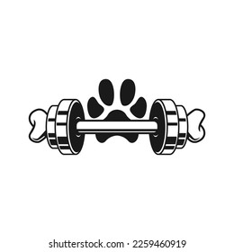 a dog paw and dumbbell barbell with bones logo vector illustration