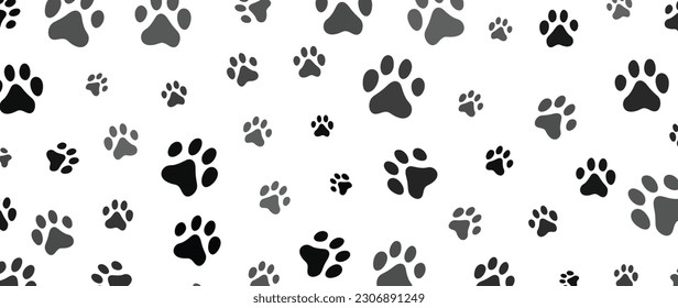 Dog paw footprints background vector. Hand drawn animal, pet, cat paw silhouette pattern, kitten, puppy walking. Footsteps illustration design for fabric, decorative, sticker, wallpaper, kids