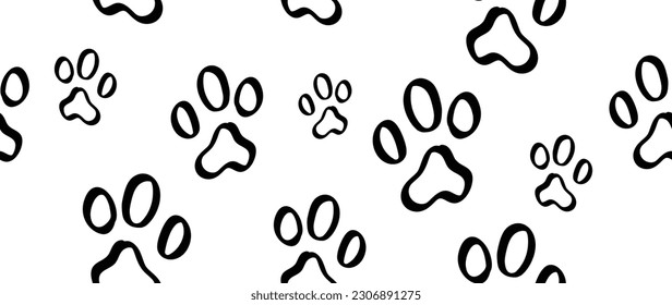 Dog paw footprints seamless background vector. Hand drawn animal, pet, cat paw silhouette pattern, kitten, puppy walking. Footsteps illustration design for fabric, decorative, sticker, wallpaper, kids