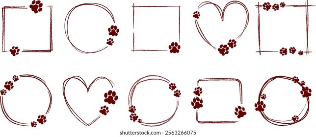 dog paw frames. Pet frame. Cat, dog paw frames. Doodle animal footprint border. Hand drawn circle, heart, square, round shapes with walking paws. Empty bubble for animal lovers.