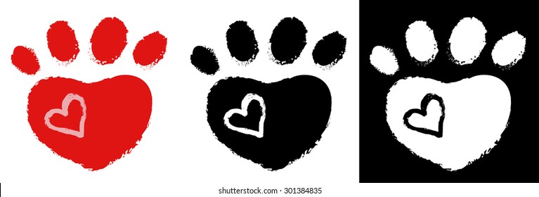 Dog Paw With Heart, Collection, Vector Illustration