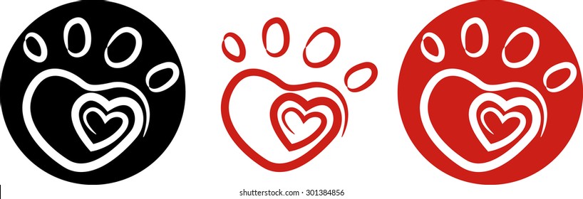 Dog Paw With Heart, Collection, Vector Illustration