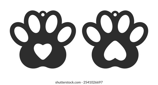 Dog paw with heart design for earrings, pendant or keychain. Jewelry laser and plotter cut template. Cnc cutting with metal, wood or leather. Vector silhouette