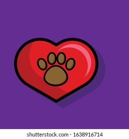 dog paw and heart icon or symbol. cartoon style.color icon. icon with black outlines and shadow