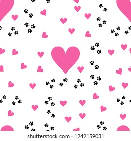 Dog paw and heart seamless pattern vector 
