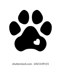 Dog paw with heart. Vector illustration. Dog love print. Isolated black object ob white background.