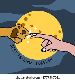 Dog paw and human finger in front of full moon cartoon, Best friend forever vector illustration