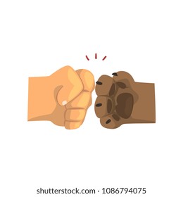 Dog paw and human hand bumping together, friendship, training, veterinary care concept vector Illustration on a white background