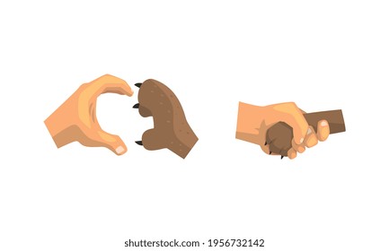 Dog Paw and Human Hand Gesturing Clutching and Shaking Hands Vector Set