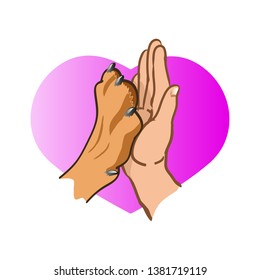 Dog Paw And Human Hand, Logo On The Background Of 
Hearts. Vector Illustration On White Background