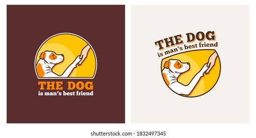 Dog paw and human hand logo sign emblem. The dog is man best friend tagline