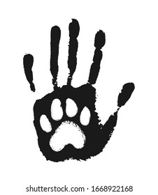 Dog paw and human hand print banner. Love pet concept.