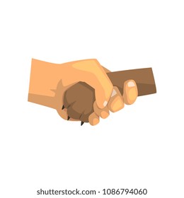 Dog paw and human hand shaking, friendship, training, veterinary care concept vector Illustration on a white background