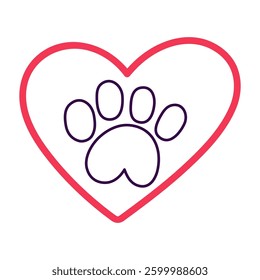 Dog paw inside big red heart. Outline design. Illustration on white background.