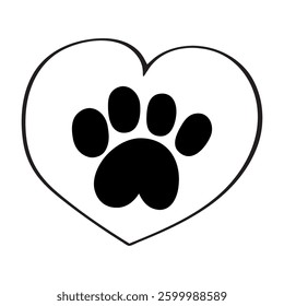 Dog paw inside heart. Outline isolated icon. Illustration on white background.