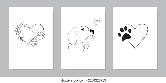 Dog paw line art. Floral dog paw heart line art. Dog vector illustration line art. Dog paw.