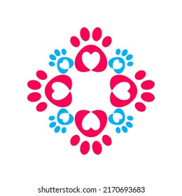 Dog Paw Love with a heart-shaped frame of dog tracks and trails. Dog or cat Love Heart with cute paw print vector in floral design. Ornamental circular pattern frame for pet lovers.	
