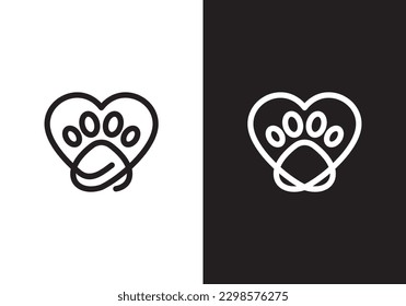 dog paw and love logo design. pet care concept element. linear style symbol vector illustration.