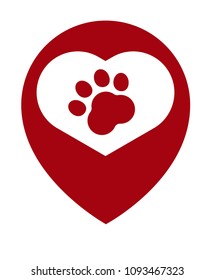 Dog paw map point sign, vector illustration. Pet here map pointer, heart shape