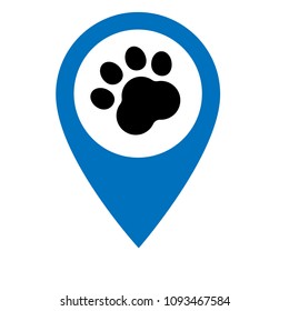 Dog paw map point sign, vector illustration. Pet here map pointer