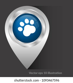 Dog paw map point sign, vector illustration. Pet here map pointer
