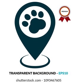 Dog paw map point sign, vector illustration. Pet here map pointer