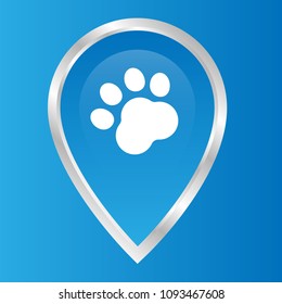 Dog paw map point sign, vector illustration. Pet here map pointer