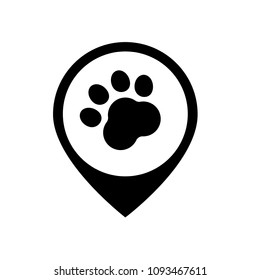 Dog paw map point sign, vector illustration. Pet here map pointer