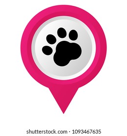 Dog paw map point sign, vector illustration. Pet here map pointer