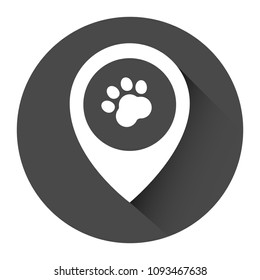 Dog paw map point sign, vector illustration. Pet here map pointer