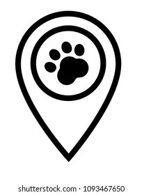 Dog paw map point sign, vector illustration. Pet here map pointer