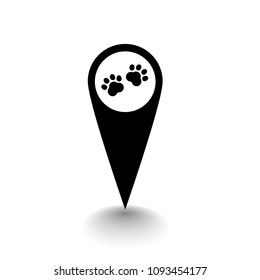 Dog paw and map pointer. Pet shop here. map point sign, vector illustration.