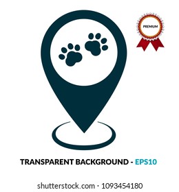 Dog paw and map pointer. Pet shop here. map point sign, vector illustration.
