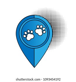 Dog paw and map pointer. Pet shop here. map point sign, vector illustration.