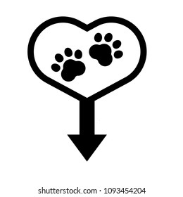 Dog paw and map pointer. Pet shop here. map point sign, vector illustration.