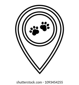 Dog paw and map pointer. Pet shop here. map point sign, vector illustration.