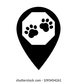 Dog paw and map pointer. Pet shop here. map point sign, vector illustration.