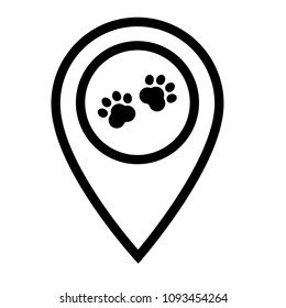 Dog paw and map pointer. Pet shop here. map point sign, vector illustration.