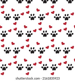 Dog paw pattern with hearts.  Vector illustration for  wrapping paper, print, poster and wallpapers.  