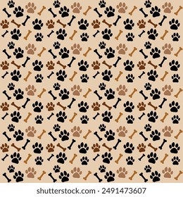 Dog paw print and dog bone seamless pattern isolated on a cream background. Vector illustration