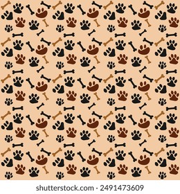 Dog paw print and dog bone seamless pattern isolated on a cream background. Vector illustration