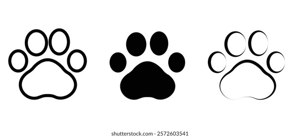 Dog paw print, Cat footprint vector. Paw silhouette, icon set. Collection of different animal paw print vector illustrations. Cat or dog foot traces, footprint icon vector. Vector illustration.