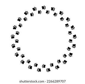 Dog paw print circle frame. Cute cat pawprint frame. Pet foot trail border. Black dog step silhouette. Simple doodle drawing. Vector illustration isolated on white background.