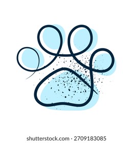 Dog paw print, continuous line drawing, ink splatters, hand drawn, stylish cute vector illustration.
