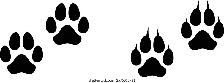 Dog paw print design flat and line icon set. Black vector collection isolated on transparent background. Footprint pet step symbol for animal zoo, vet logo element apps and websites.